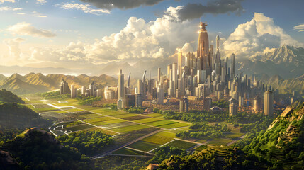 A cityscape where advanced terraforming technology transforms barren landscapes into fertile...