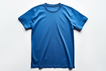 A flat lay of a plain blue t-shirt ready for branding on a white background