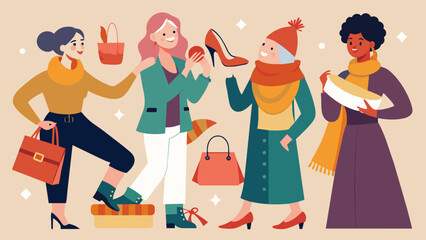 Customers are delighted by the discovery of accessories such as silk scarves beaded purses and chunky platform shoes adding the finishing touches to. Vector illustration