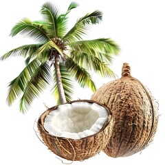 coconut and palm trees isolated on white background generative AI, Coconut Whole Half And Coconut Tree