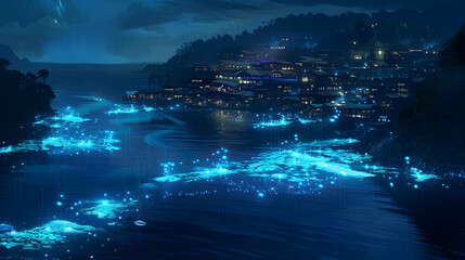 A cityscape where bioluminescent algae transform the ocean into a shimmering sea of light at night