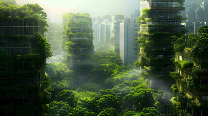 A cityscape where buildings are covered in lush vegetation, creating a verdant urban jungle