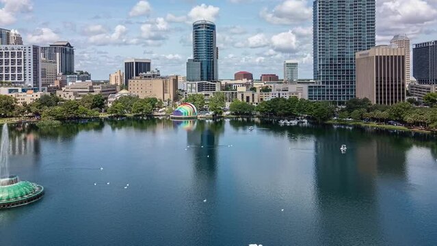 Aerial time-lapse video of downtown Orlando, Florida, USA. over Lake Eola. May 4, 2024. 