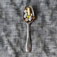 pills on a spoon , Close-up tablespoon filled with various dietary supplements, tablets and vitamins on a gray fabric background
