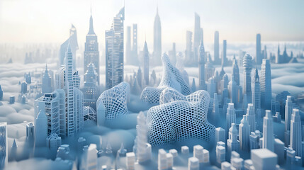 A cityscape where buildings are constructed using advanced 3D printing technology, resulting in intricate and unique designs