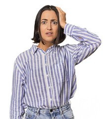 Young Caucasian woman with short hair being shocked, she has remembered important meeting.