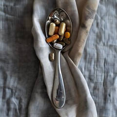 spoon of pills , Close-up tablespoon filled with various dietary supplements, tablets and vitamins on a gray fabric background
