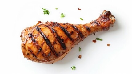 Tasty Grilled Chicken Leg on White Background, Top View