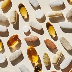 close up of pills and capsule , Mix of medical capsules in a line on light beige top view hard shadows Preventive medicine and
