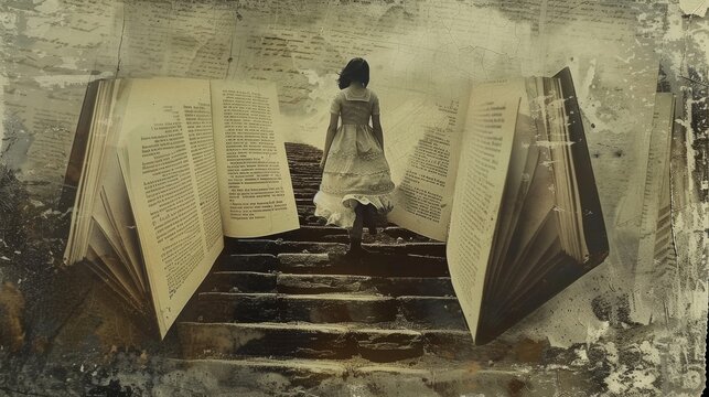 A girl climbs the stairs to reach a book that is open. An art collage of the girl.