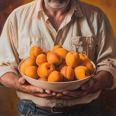 person holding a basket of oranges, Overflowing basket of ripe golden apricots a sunkissed treasure from the orchard Fresh succulent sweet organic handpicked mouthwatering golden delight Generated by 