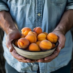 person holding bowl of peas in his hand,  Fresh apricots with leaves closeup isolated on wooden background.
