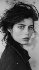 Fototapeta premium portrait noir et blanc de profil d'une jeune fille aux cheveux dans le vent