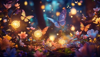 Flowers and glowing butterflies 