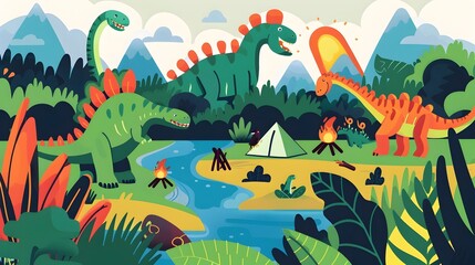 Colorful Prehistoric Landscape with Playful Dinosaurs and Scenic Camping Scene