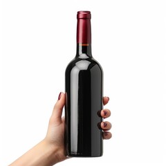 Female hand holding a bottle of red wine on white background