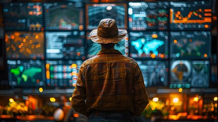 Obraz premium The head farmer stood in front of the control center. Surrounded by monitors showing real-time crop health data, it symbolizes the power of technology in agriculture.