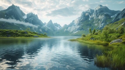 Tranquil mountain lake scene with lush greenery and majestic peaks under a clear blue sky, a serene escape into nature