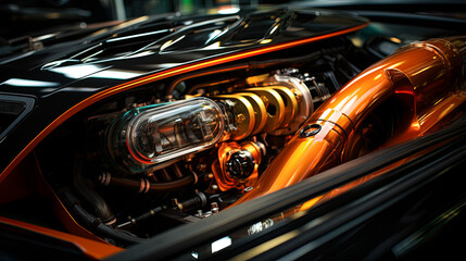 Muted studio lighting sets off the details of the customized intake manifold in high-performance vehicles