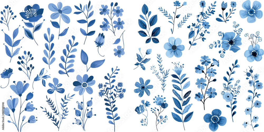 Canvas Prints Simple blue floral pattern set