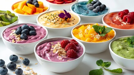rainbow fruit smoothie bowl bar on transparent background, featuring fresh strawberries,...