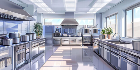 Fototapeta premium Employee Training Kitchen Floor: Showing a dedicated kitchen space for training new kitchen staff, with training stations and kitchen equipment for practice
