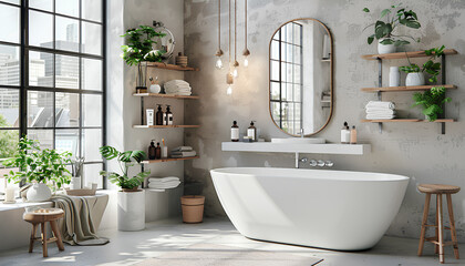 Interior of light bathroom with bathtub, sink and shelving unit