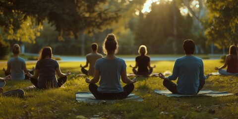 People are seated in a tranquil park setting, meditating in a group for relaxation and mindfulness