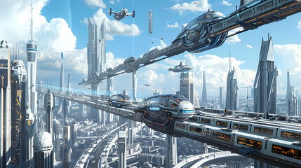 A cityscape where transportation is facilitated by a network of flying vehicles and magnetic levitation trains