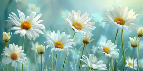 Beautiful white daisies blooming in lush green field under clear blue sky on a sunny day