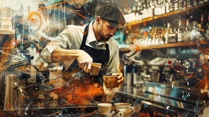 Barista with a large cup of aromatic coffee. Art collage.