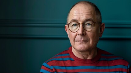 Obraz premium A tight shot of someone wearing glasses and a red-and-blue-striped shirt against a green backdrop