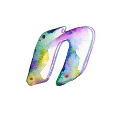 A vibrant rainbow watercolor small letter "n" against a white backdrop, adding a pop of color and whimsy to the scene