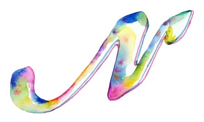 A large, vibrant rainbow watercolor letter "N" stands out against a clean white background, showcasing its colorful splendor and artistic charm with dynamic strokes and vivid hues.