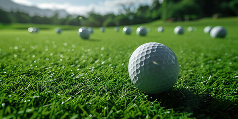 Scenic landscape with golf balls on grass in front of green field and mountains in background