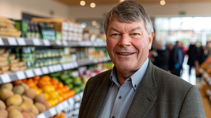   A man stands before the fruit and veg section of a grocery store, facing a row of shelved fruits and vegetables