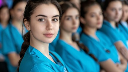   Women in blue shirts form a line, facing each other or stand closely next to one another, with identical counterparts in blue shirts behind them