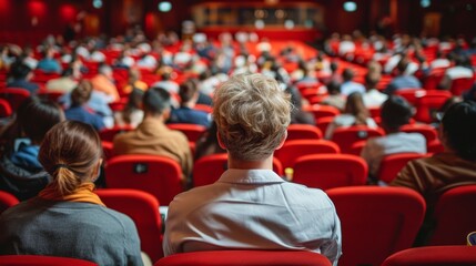   A group of people sits in a room with red chairs A crowd stands before them