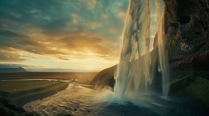 Dramatic and beautiful scene. Popular tourist attraction. famous Seljalandsfoss waterfall, Iceland, Europe