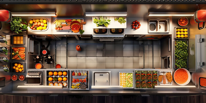 Food Truck Preparation Area Floor: Displaying a designated area for preparing food in a food truck, with cooking stations and storage for supplies