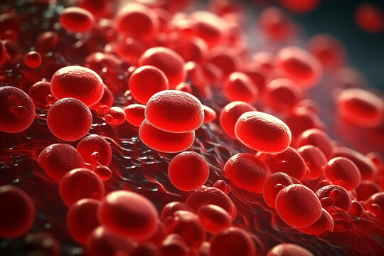 High-resolution image showing a close-up view of red blood cells in a vivid red tone, emphasizing their round, biconcave shape.