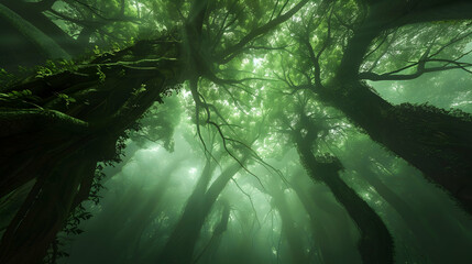 A forest where the trees grow upside down, their roots reaching towards the sky