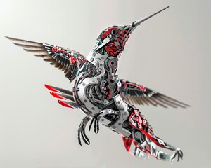 Create an avant-garde scene of a robotic hummingbird hovering at a skewed angle