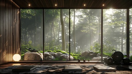 a luxurious, spacious gym interior with large windows offering a view of nature