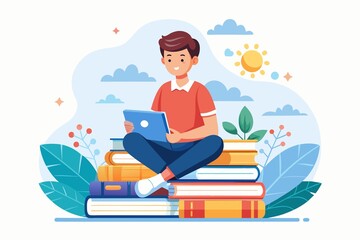 A man is sitting with a laptop open in front of a stack of books, man in front of a laptop sitting with books on online learning, Simple and minimalist flat Vector Illustration