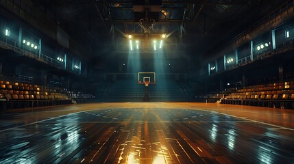 An empty basketball court with a warm, polished wooden floor, a solitary hoop standing at the forefront
