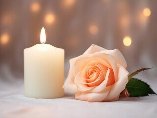 Rose background with white thin wax candle with a small lit flame for funeral grief death dead sad emotion with copy space texture for display products 