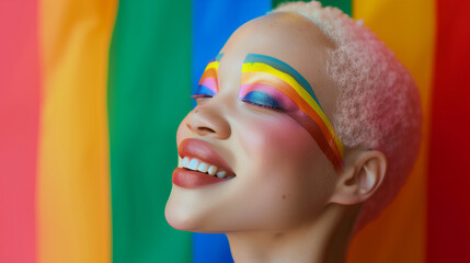 Naklejka premium Portrait of an albino woman with short pink hair with colorful makeup. Pride celebration with bold eye makeup. Albino photoshoot celebrating diversity and inclusion. AI Generated.