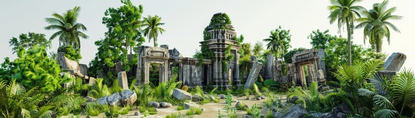 A lush green jungle with a ruined temple in the background. The scene is serene and peaceful, with the ruins adding a sense of mystery and history to the landscape