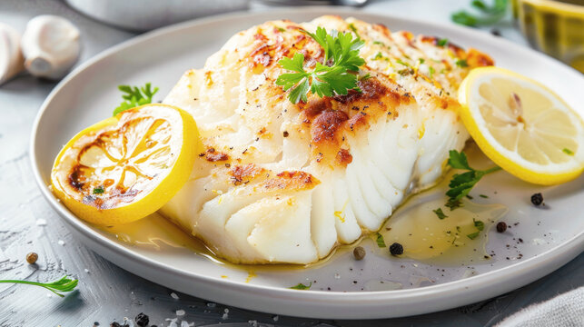 Side view of baked cod with lemon garnish, a white fish restaurant dish. Food photography.